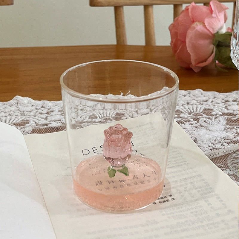 Personalized Rose Flower Transparent Heat-Resistant 300ml Glass Cup - Ice Cream Juice Drinking Water Milk Tea Coffee High Borosilicate Cup