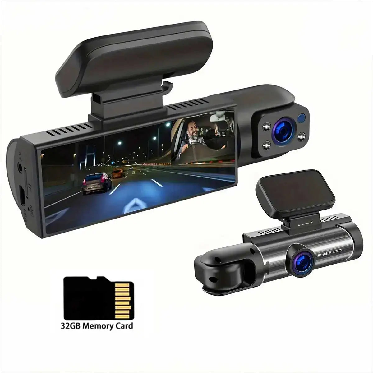 1080P Dual Camera Car Dash Cam with IR Night Vision, Loop Recording, Wide Angle Lens and 3.16 Inch IPS Screen - Includes 32GB TF Card