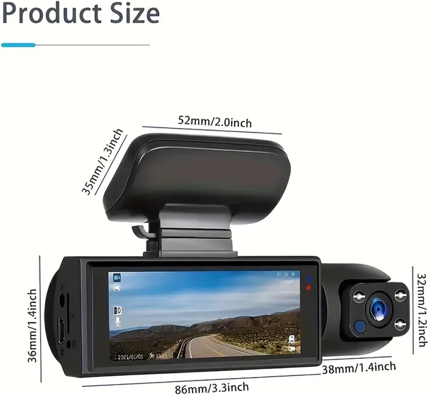 1080P Dual Camera Car Dash Cam with IR Night Vision, Loop Recording, Wide Angle Lens and 3.16 Inch IPS Screen - Includes 32GB TF Card