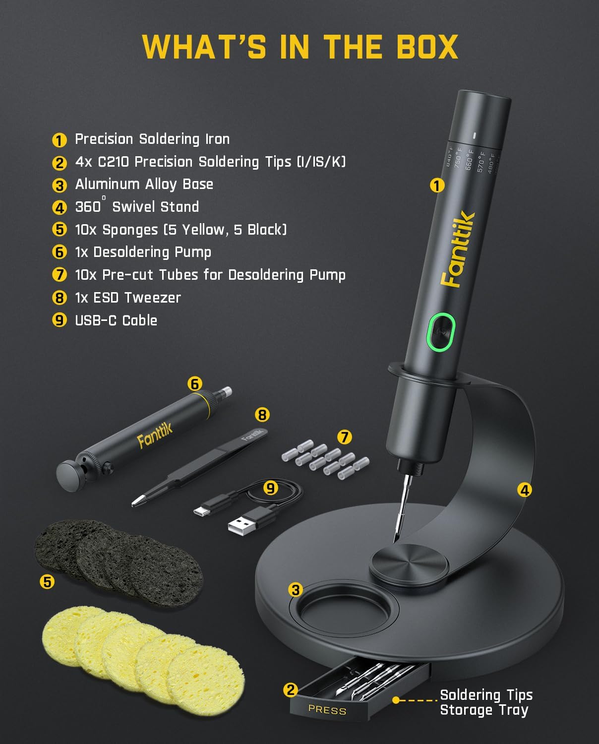 T1 Max Cordless Soldering Iron with Fast 7 Second Heating (390°F-840℉), Auto Sleep, 4 Precision Soldering Tips(C210), 360° Swivel Stand, Soldering Iron for Precision Repair