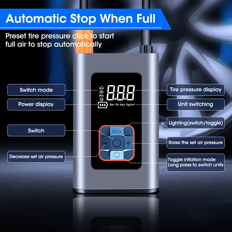 Portable Tire Inflator Wireless Mini Air Pump with Tire Pressure Monitor for Cars, Bikes, Motorcycles, and Balls