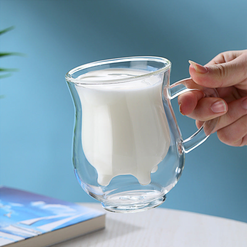 Premium Children Double-Layer Transparent Anti-Scald Breakfast Milk Glass, Exquisite Creative 250ml Cow Cup with Handle - Perfect Children's Gift